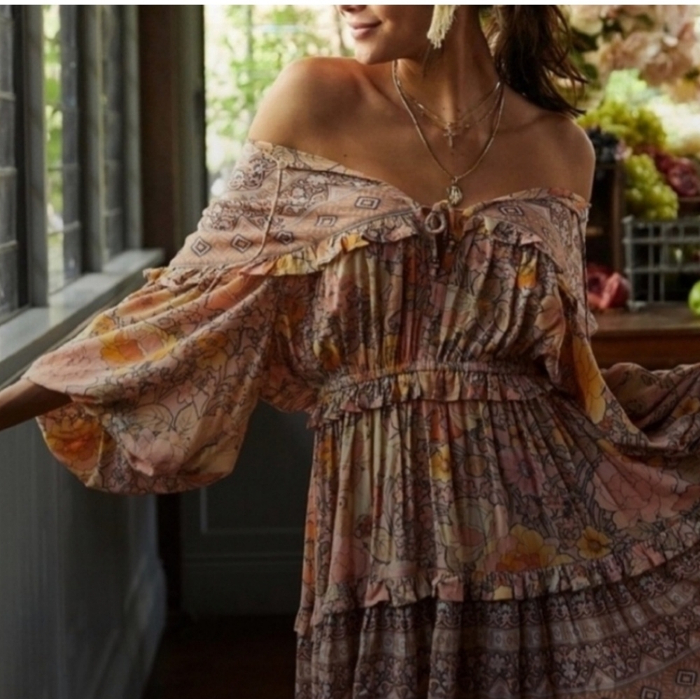 Spell Off-Shoulder Floral Mini Dress in Blush and Mustard